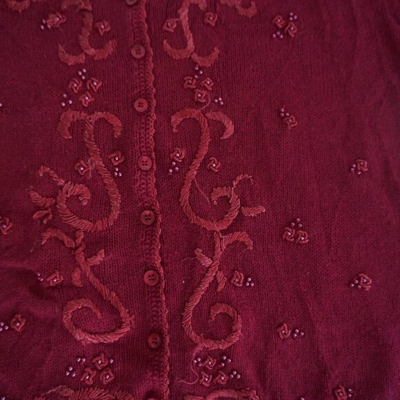Vintage Maggie Lawrence Embroidered Knit Button Cardigan Top Burgundy 18/20 - Picture 4 of 9